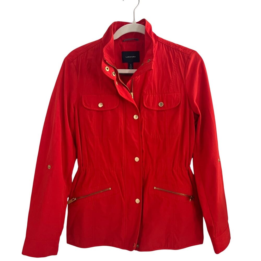 Lands' End Utility Jacket Red Zip Gold Buttons Women Size S 6-8
